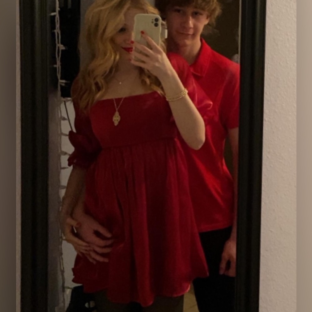 RED PUFFY SLEEVE DRESS! WORN ONCE! GREAT CONDITION!!!